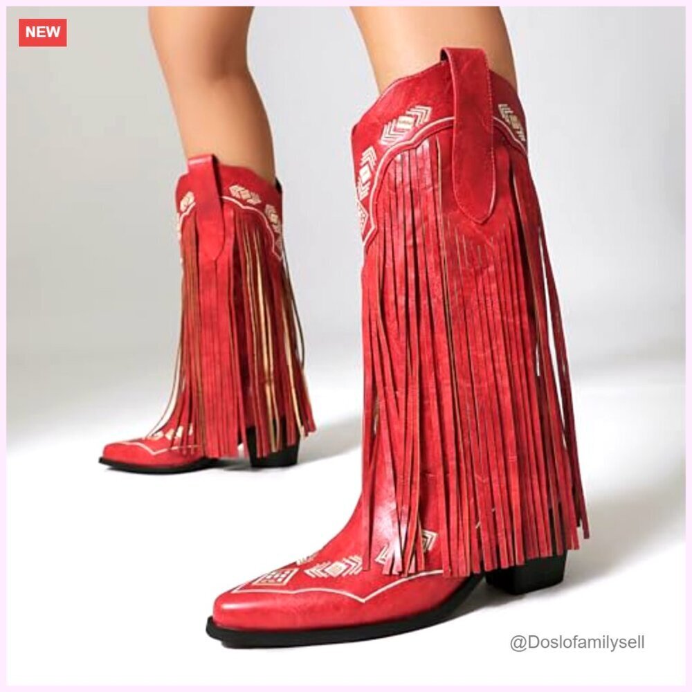 Embroidered Fringe Cowboy Boots, Pull On Mid Calf Chunky Heel Pointed Toe - Picture 4 of 7